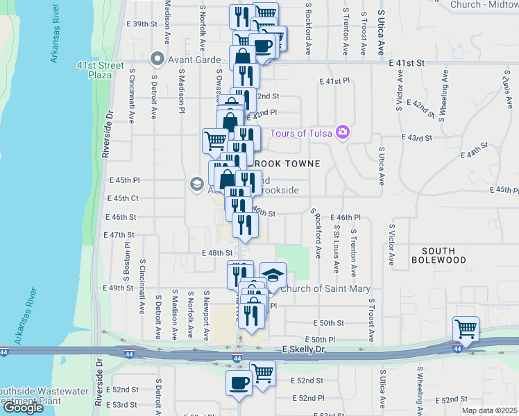 map of restaurants, bars, coffee shops, grocery stores, and more near 1328 East 45th Place in Tulsa