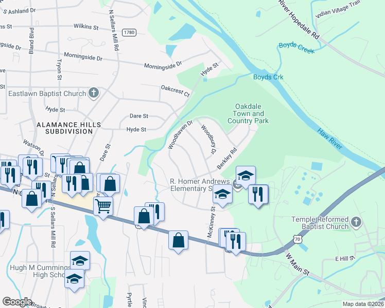 map of restaurants, bars, coffee shops, grocery stores, and more near 2716 Westchester Drive in Burlington