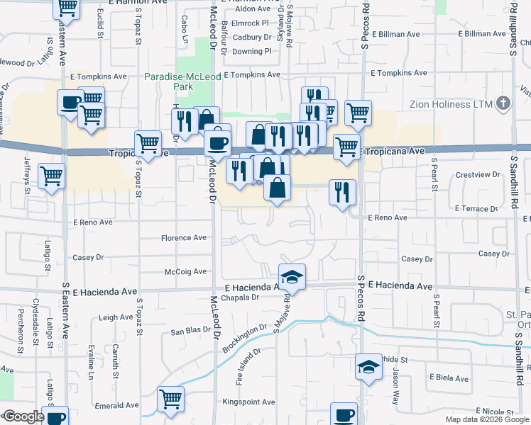 map of restaurants, bars, coffee shops, grocery stores, and more near 3131 Key Largo Drive in Las Vegas