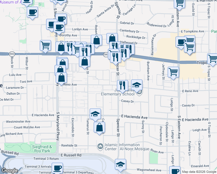 map of restaurants, bars, coffee shops, grocery stores, and more near 1751 East Reno Avenue in Las Vegas