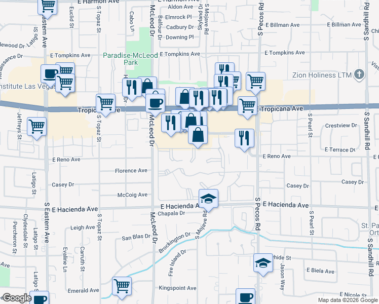 map of restaurants, bars, coffee shops, grocery stores, and more near 3131 Key Largo Drive in Las Vegas