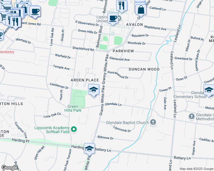 map of restaurants, bars, coffee shops, grocery stores, and more near 1148 Granny White Court in Nashville