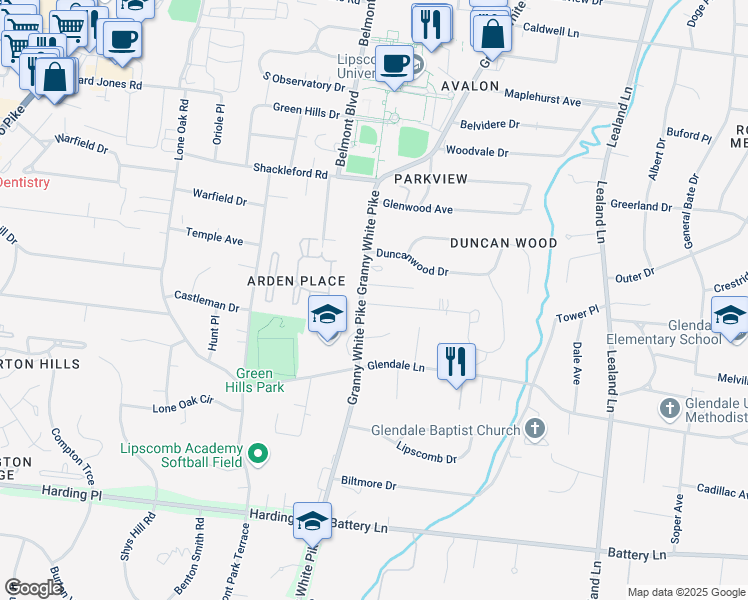 map of restaurants, bars, coffee shops, grocery stores, and more near 1148 Granny White Court in Nashville