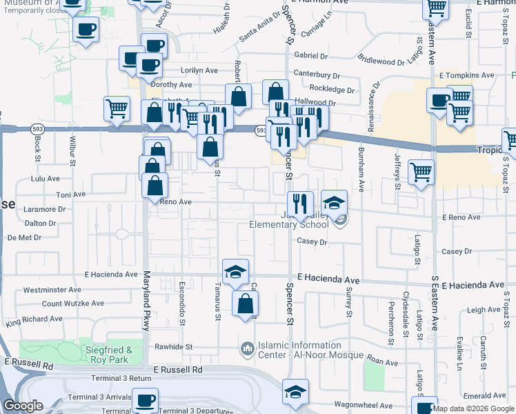 map of restaurants, bars, coffee shops, grocery stores, and more near 28 East Reno Avenue in Las Vegas