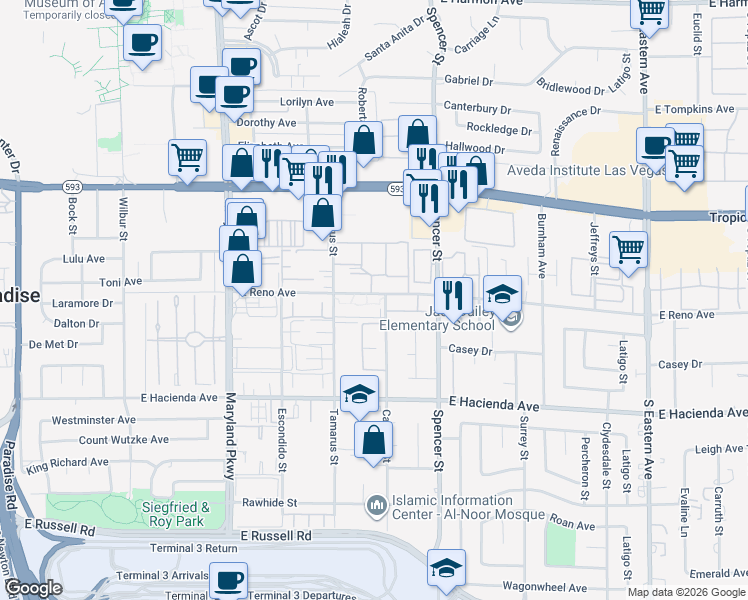 map of restaurants, bars, coffee shops, grocery stores, and more near 1515 East Reno Avenue in Las Vegas