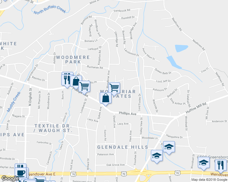 map of restaurants, bars, coffee shops, grocery stores, and more near 1 Lancer Court in Greensboro