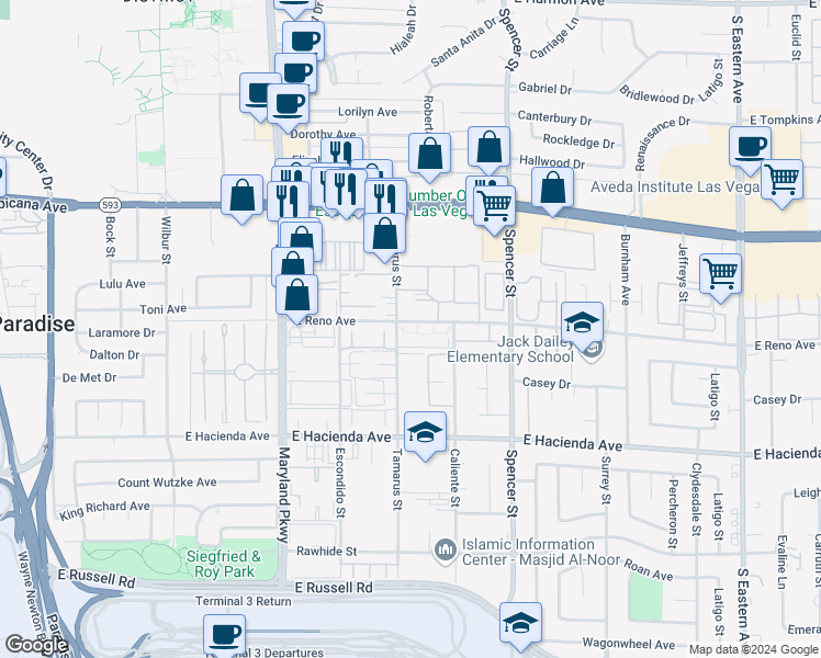 map of restaurants, bars, coffee shops, grocery stores, and more near 1515 East Reno Avenue in Las Vegas