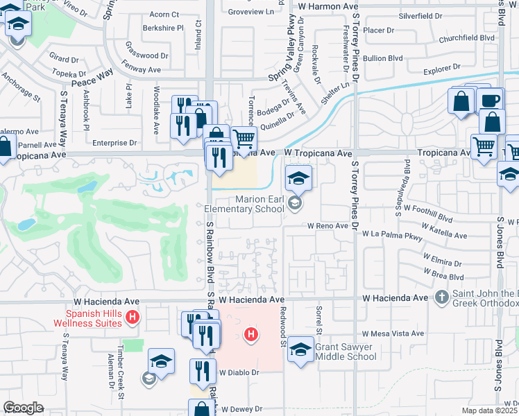 map of restaurants, bars, coffee shops, grocery stores, and more near 5024 South Rainbow Boulevard in Las Vegas