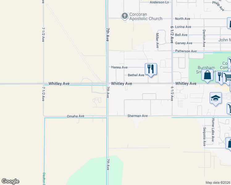 map of restaurants, bars, coffee shops, grocery stores, and more near 25801 7th Avenue in Corcoran