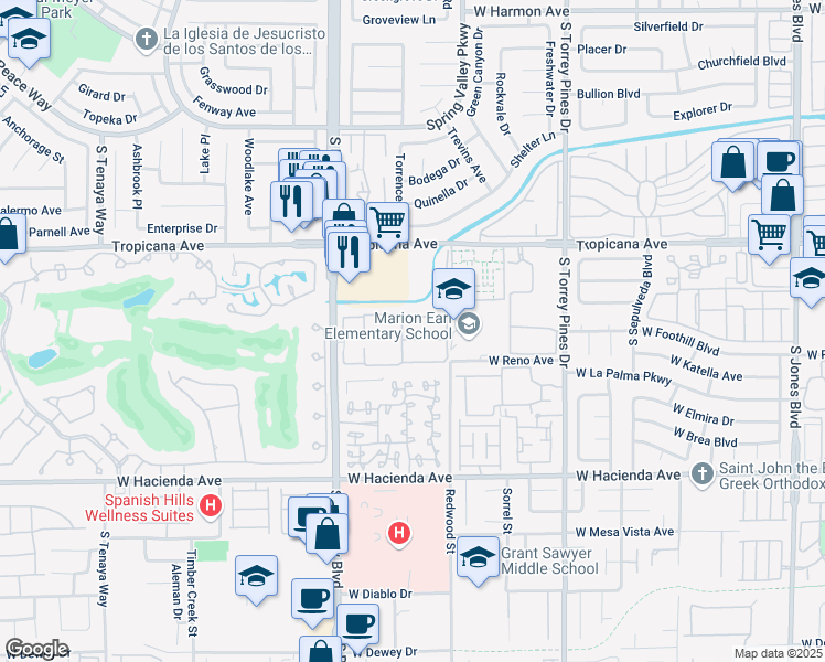 map of restaurants, bars, coffee shops, grocery stores, and more near 5024 South Rainbow Boulevard in Las Vegas