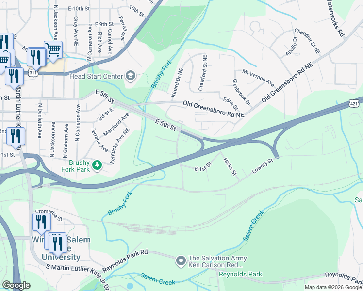 map of restaurants, bars, coffee shops, grocery stores, and more near 135 Lowery Court Southeast in Winston-Salem