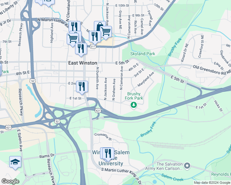 map of restaurants, bars, coffee shops, grocery stores, and more near 133 North Graham Avenue in Winston-Salem