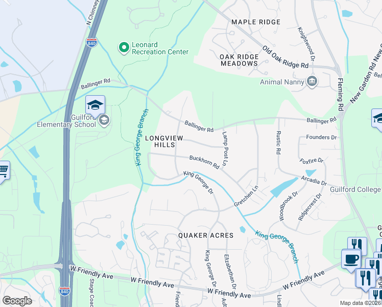 map of restaurants, bars, coffee shops, grocery stores, and more near 6209 Stockbridge Drive in Greensboro