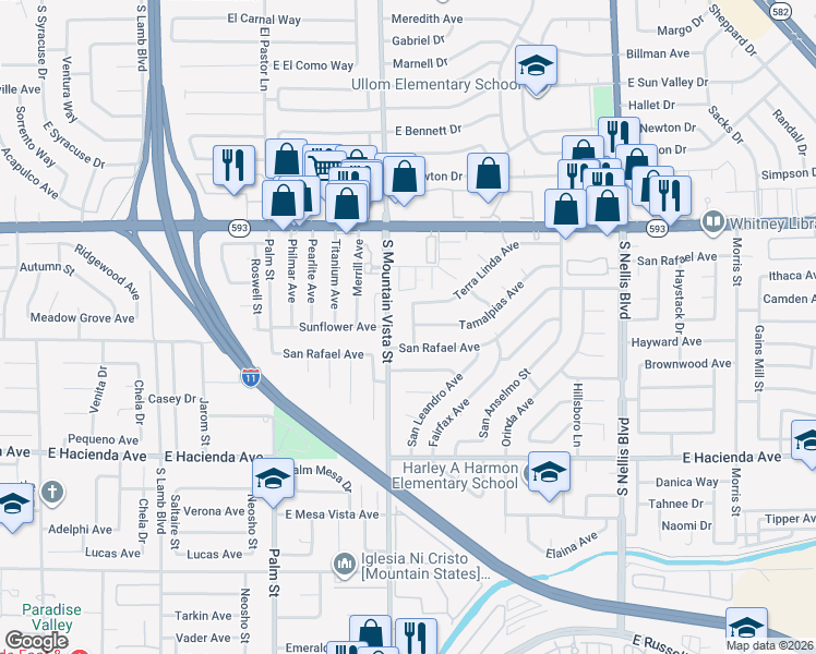 map of restaurants, bars, coffee shops, grocery stores, and more near 5045 Atherton Street in Las Vegas