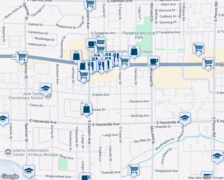 map of restaurants, bars, coffee shops, grocery stores, and more near 2504 Paradise Village Way in Las Vegas