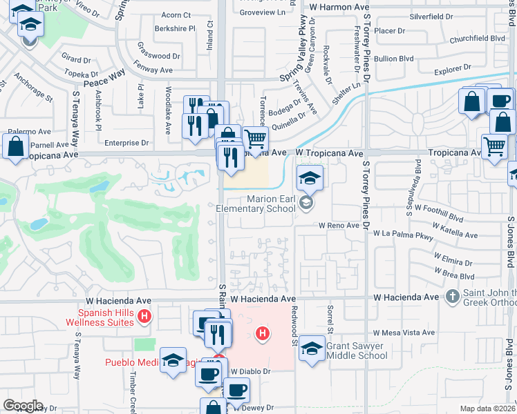 map of restaurants, bars, coffee shops, grocery stores, and more near 5018 South Rainbow Boulevard in Las Vegas