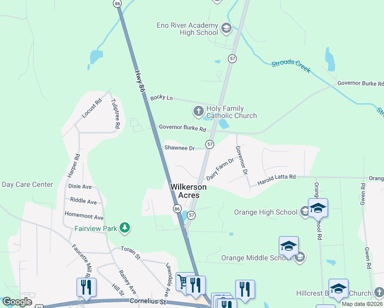 map of restaurants, bars, coffee shops, grocery stores, and more near 205 Shawnee Drive in Hillsborough