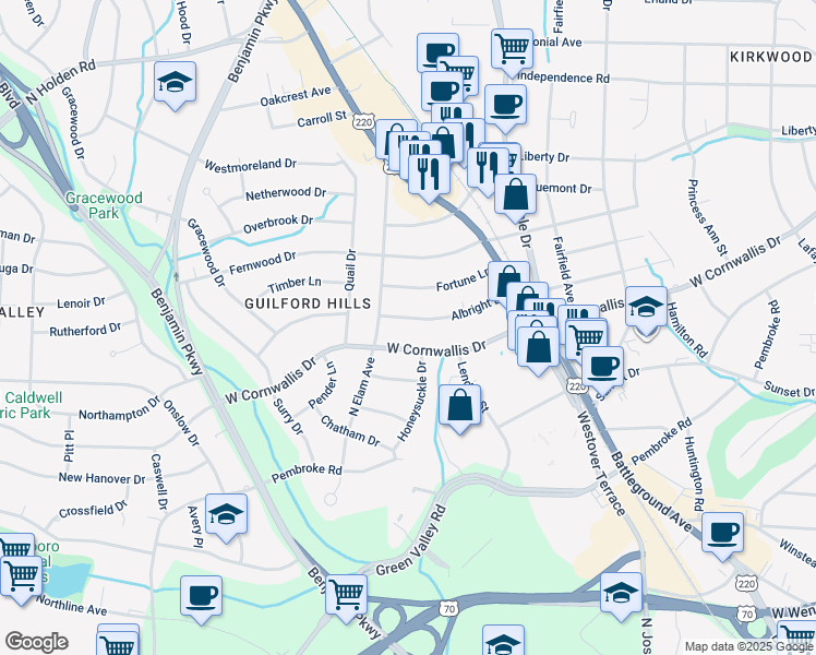 map of restaurants, bars, coffee shops, grocery stores, and more near 2328 Albright Drive in Greensboro