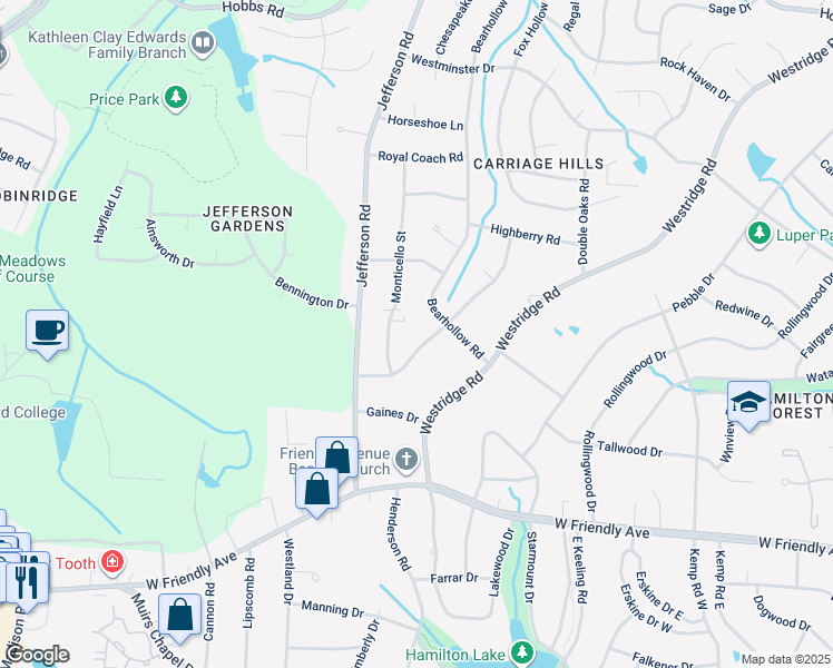 map of restaurants, bars, coffee shops, grocery stores, and more near 4706 Charlottesville Road in Greensboro