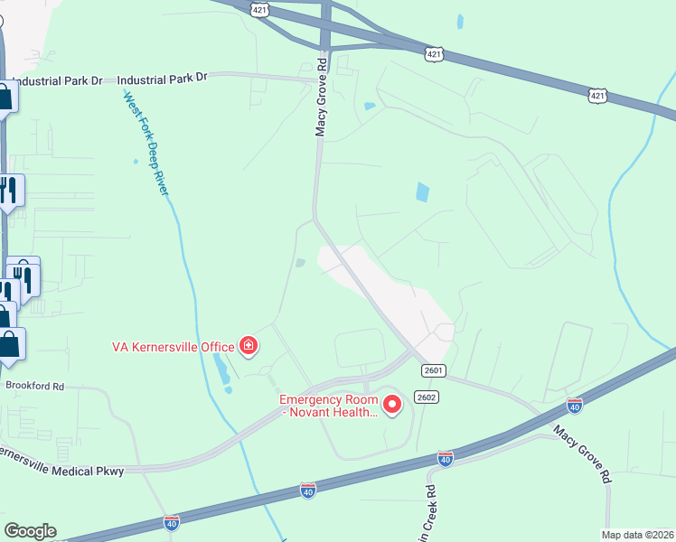 map of restaurants, bars, coffee shops, grocery stores, and more near 5634 Macy Grove Road in Kernersville