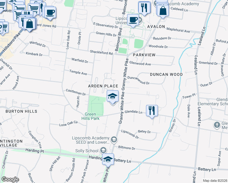 map of restaurants, bars, coffee shops, grocery stores, and more near 4400 Belmont Park Terrace in Nashville