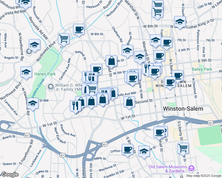 map of restaurants, bars, coffee shops, grocery stores, and more near 801 West 4th Street in Winston-Salem