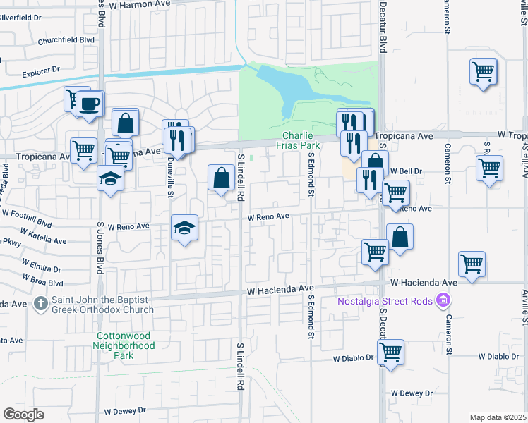 map of restaurants, bars, coffee shops, grocery stores, and more near 5419 West Tropicana Avenue in Las Vegas