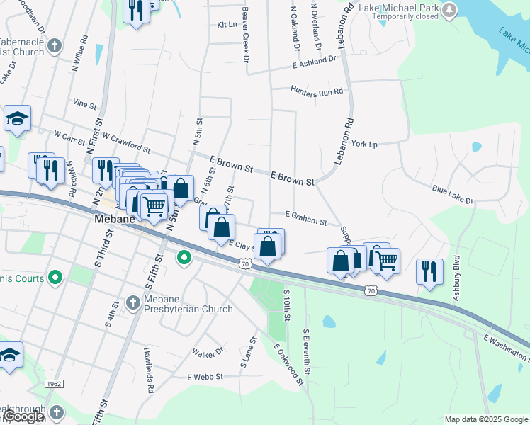 map of restaurants, bars, coffee shops, grocery stores, and more near 202 North 9th Street in Mebane