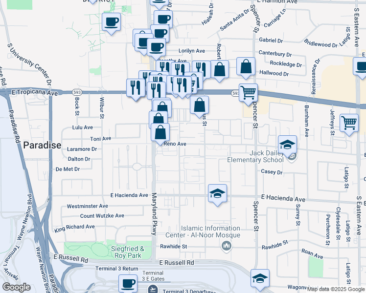 map of restaurants, bars, coffee shops, grocery stores, and more near 1400 East Reno Avenue in Las Vegas