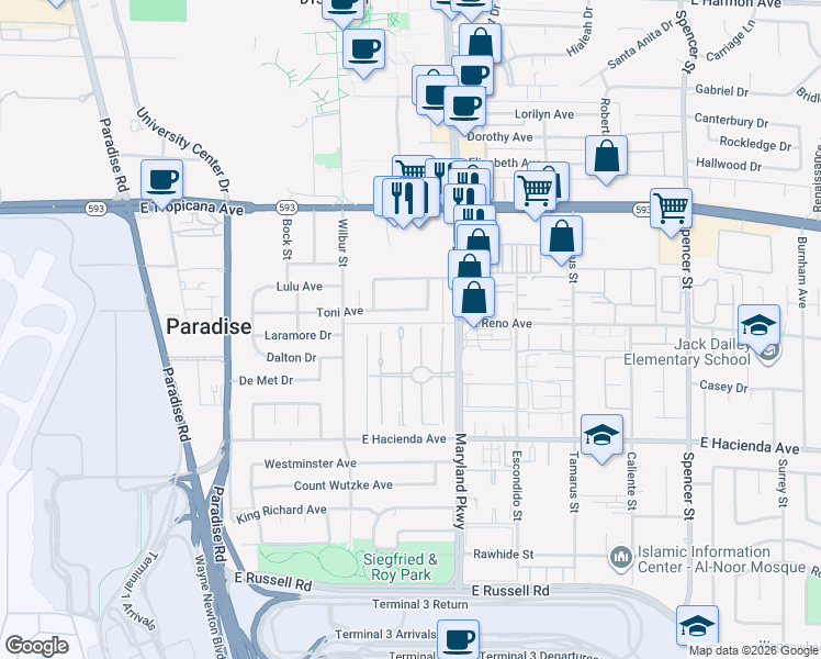 map of restaurants, bars, coffee shops, grocery stores, and more near 1127 Toni Avenue in Las Vegas