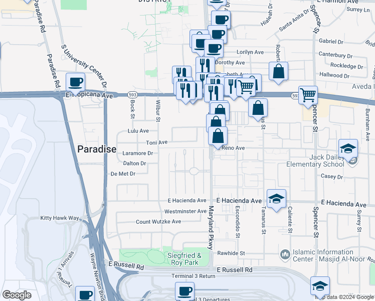 map of restaurants, bars, coffee shops, grocery stores, and more near 1127 Toni Avenue in Las Vegas
