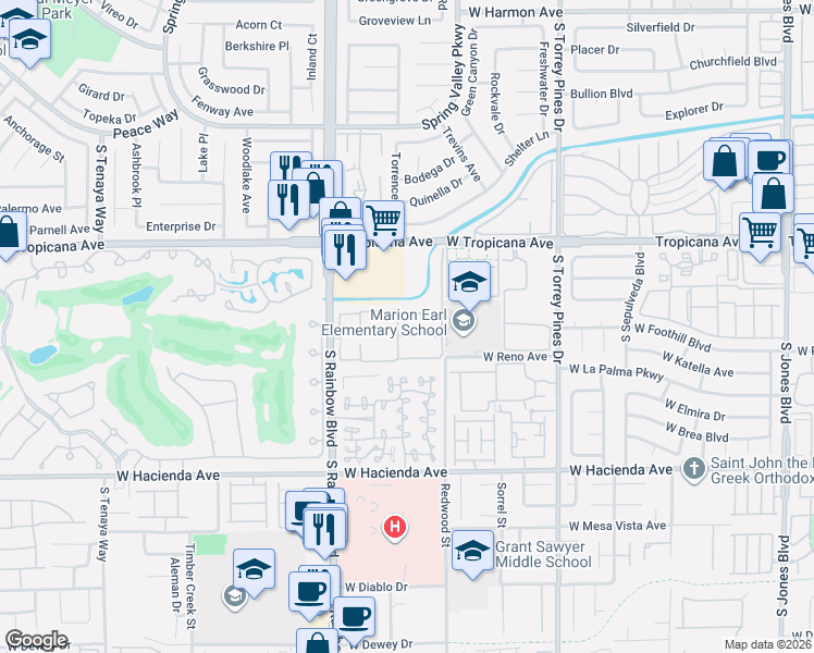 map of restaurants, bars, coffee shops, grocery stores, and more near 5018 South Rainbow Boulevard in Las Vegas
