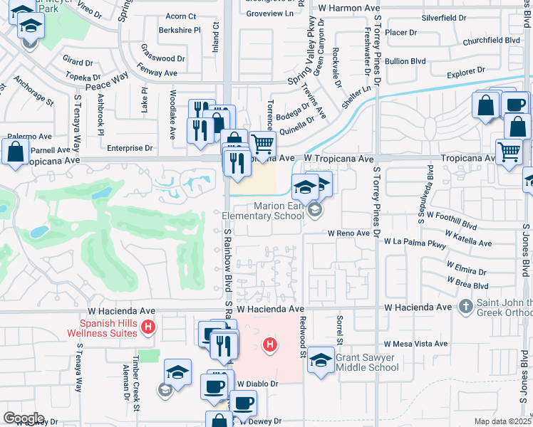 map of restaurants, bars, coffee shops, grocery stores, and more near 5018 South Rainbow Boulevard in Las Vegas