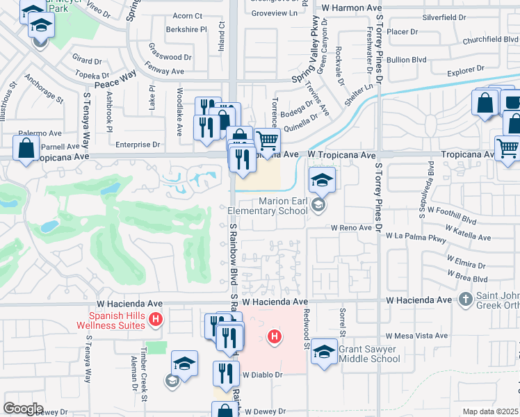 map of restaurants, bars, coffee shops, grocery stores, and more near 5004 South Rainbow Boulevard in Las Vegas