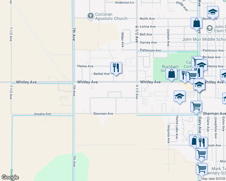 map of restaurants, bars, coffee shops, grocery stores, and more near 2600B Olympic Avenue in Corcoran