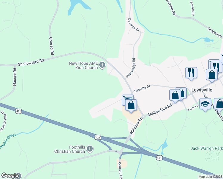 map of restaurants, bars, coffee shops, grocery stores, and more near 6939 Shallowford Road in Lewisville