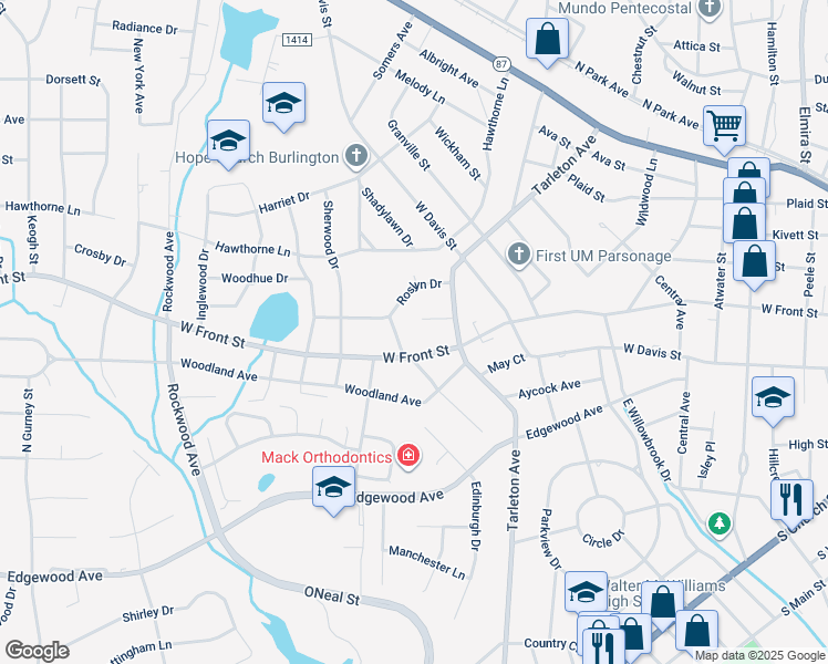 map of restaurants, bars, coffee shops, grocery stores, and more near 1500 Brent Court in Burlington