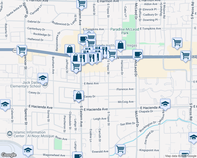 map of restaurants, bars, coffee shops, grocery stores, and more near 2504 Paradise Village Way in Las Vegas