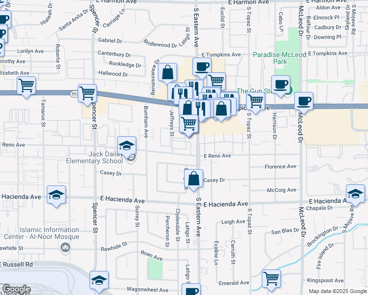 map of restaurants, bars, coffee shops, grocery stores, and more near 5066 Jeffreys Street in Las Vegas