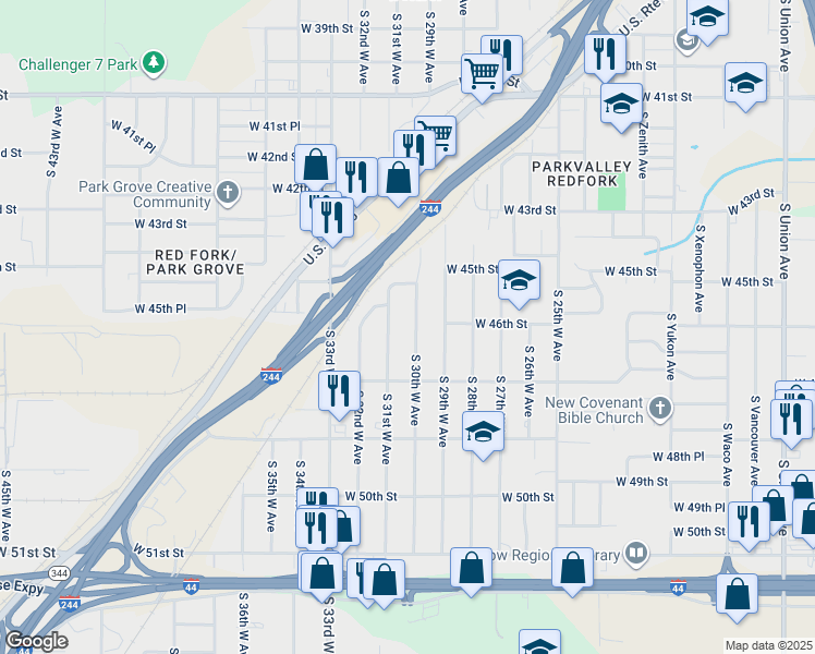 map of restaurants, bars, coffee shops, grocery stores, and more near 4545 South 31st West Avenue in Tulsa