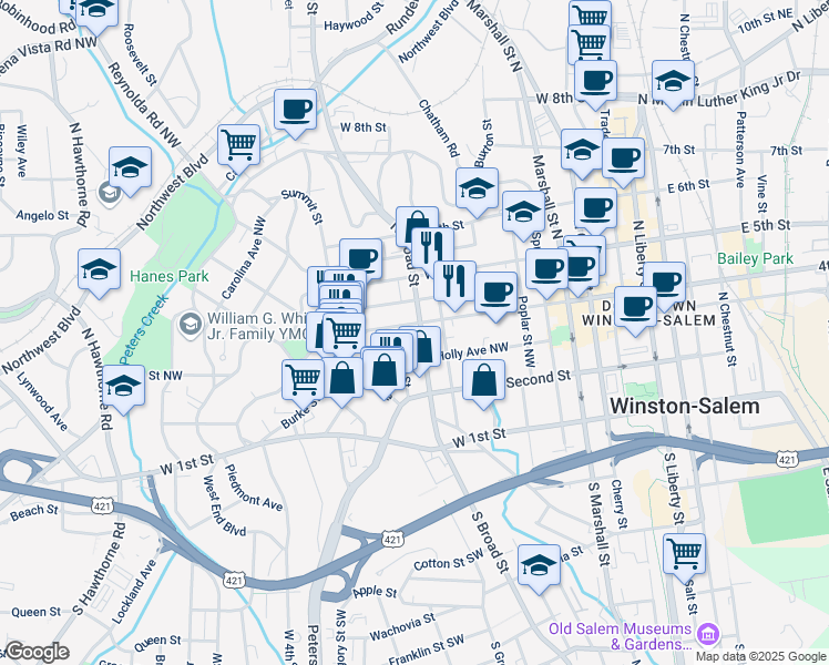 map of restaurants, bars, coffee shops, grocery stores, and more near 801 West 4th Street in Winston-Salem