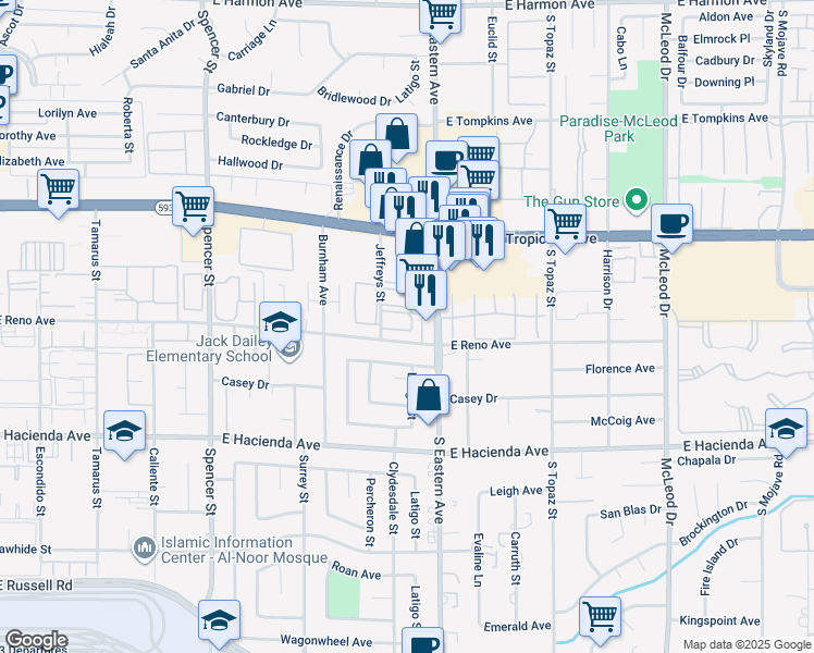 map of restaurants, bars, coffee shops, grocery stores, and more near 5066 Jeffreys Street in Las Vegas