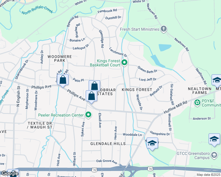 map of restaurants, bars, coffee shops, grocery stores, and more near 1202 Haverhill Drive in Greensboro