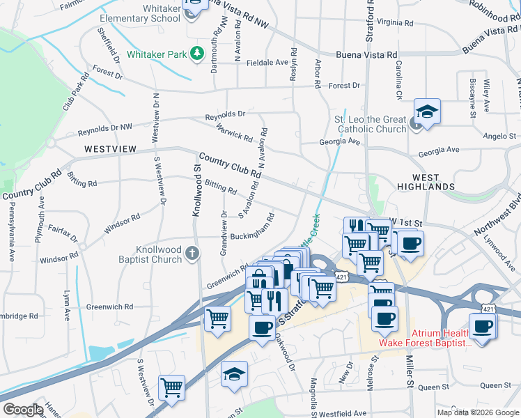 map of restaurants, bars, coffee shops, grocery stores, and more near 2409 Bitting Road in Winston-Salem