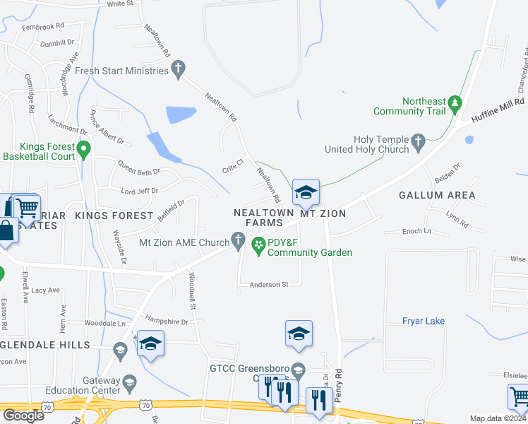 map of restaurants, bars, coffee shops, grocery stores, and more near 10 Nealtown Way in Greensboro