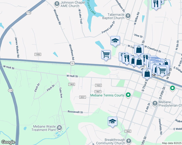 map of restaurants, bars, coffee shops, grocery stores, and more near 708 West Holt Street in Mebane
