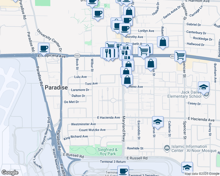map of restaurants, bars, coffee shops, grocery stores, and more near 1127 Toni Avenue in Las Vegas