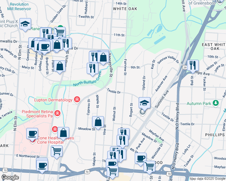 map of restaurants, bars, coffee shops, grocery stores, and more near 1507 Walnut Street in Greensboro