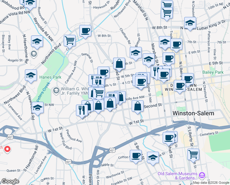 map of restaurants, bars, coffee shops, grocery stores, and more near 801 West 4th Street in Winston-Salem
