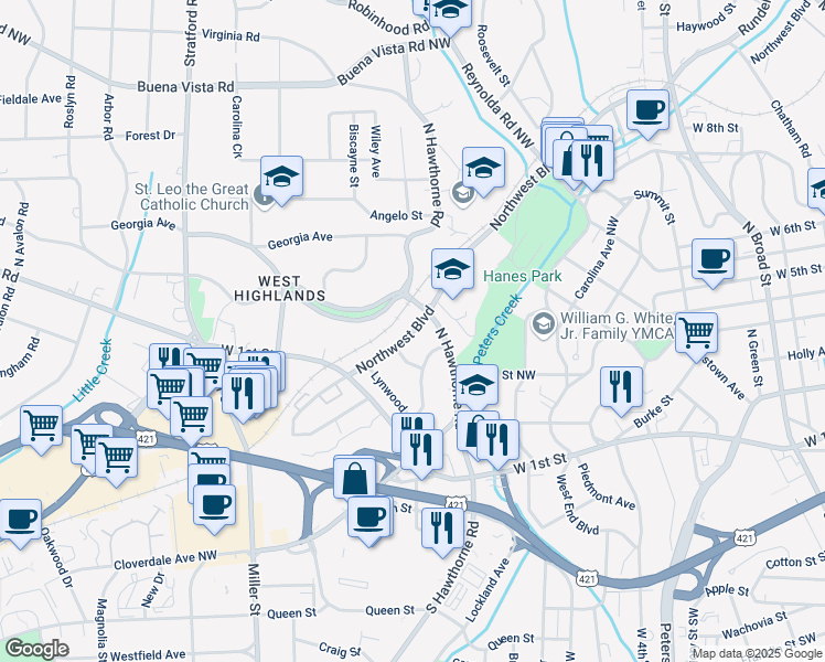 map of restaurants, bars, coffee shops, grocery stores, and more near 1515 West Northwest Boulevard in Winston-Salem